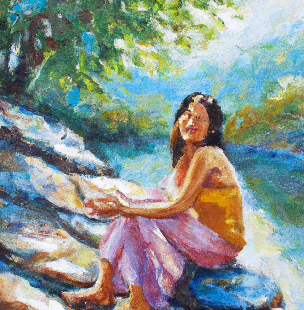 Glückliche Frau sitzt an einem Fluss